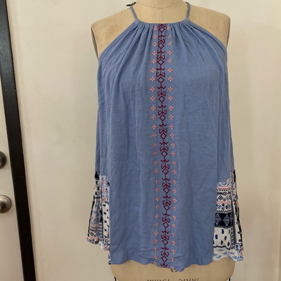 HAYDEN Dust Blue Embroidered Shirred Tank Halter Top - Picture 2 of 6